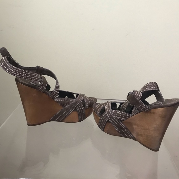 MIU MIU Strappy Leather Platform Wedge Heel Sandals Stitch Wood Ankle Strap Shoe - Picture 9 of 16